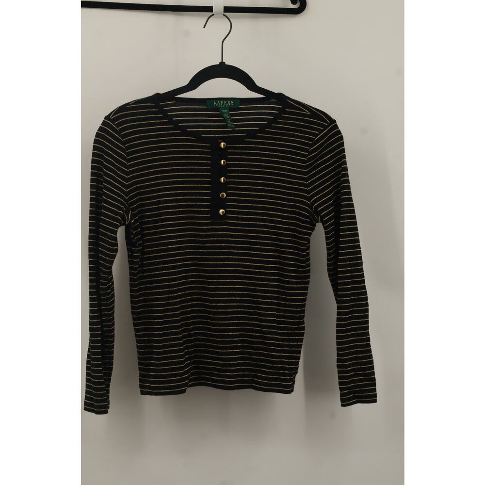 Lauren Ralph Lauren Womens Stripe Cardigan Sweater Long Sleeve Size M Black/Gold